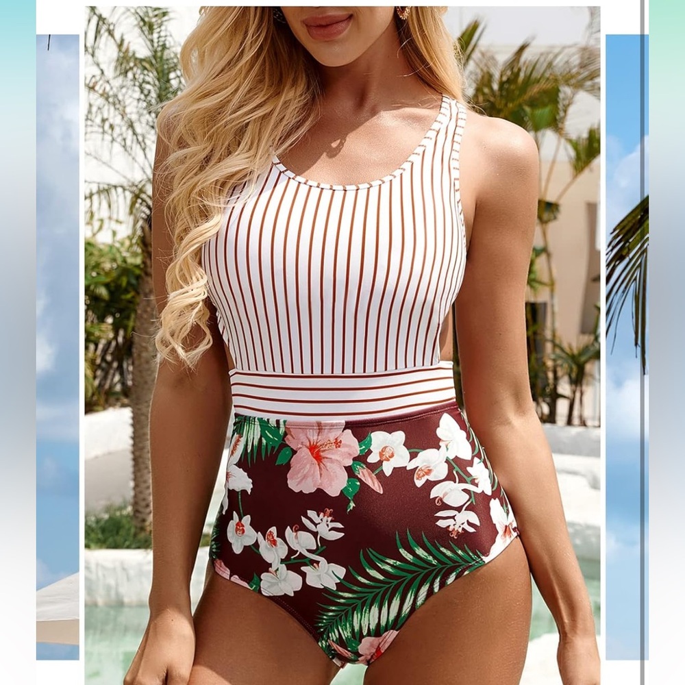 White and Brown One Piece Swimwear with Flattering Silhouette